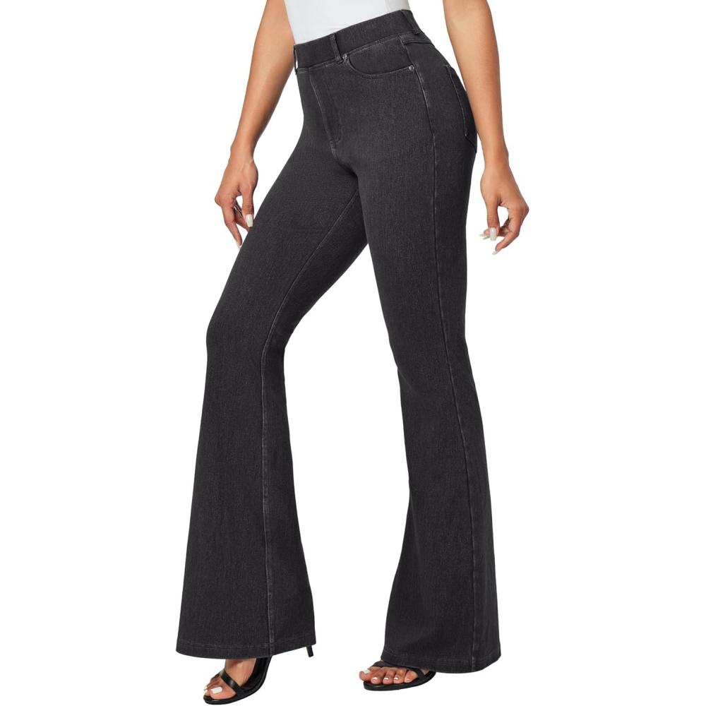 imageIUGA Bell Bottom Jeans for Women High Waisted Stretchy Pull On Flare Jeans Wide Leg Leggings Tummy Control Flare PantsDenim Black