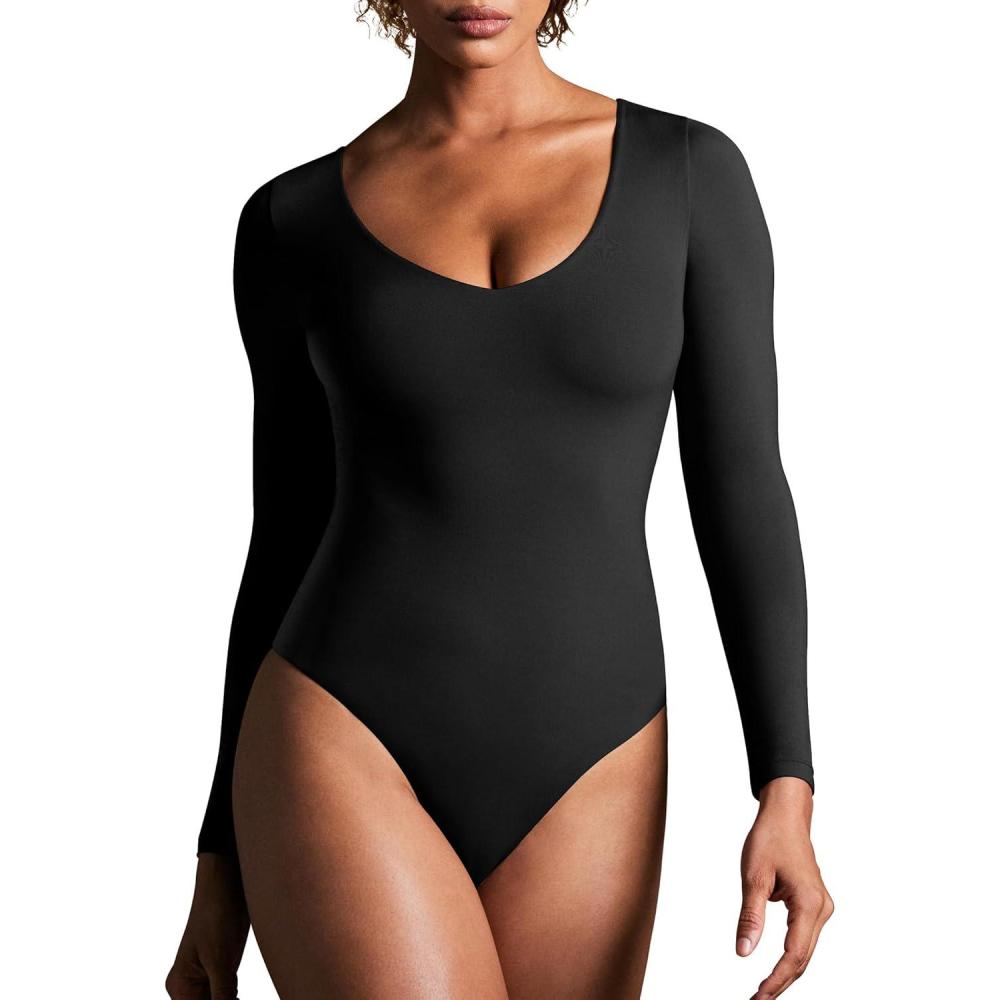 imageIUGA Bodysuits for Women Tummy Control Body Suits for Womens Compression Slimming Thong Bodysuit V NeckBlack