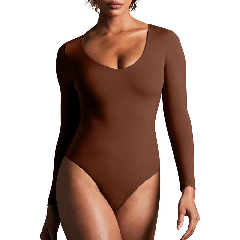 imageIUGA Bodysuits for Women Tummy Control Body Suits for Womens Compression Slimming Thong Bodysuit V NeckBrownie