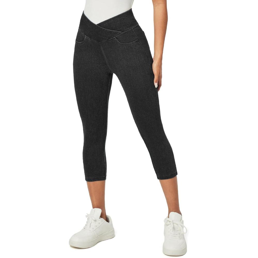 imageIUGA Capri Jeans for Women Pull On Jeggings for Women Tummy Control Jean Capris Pants Stretchy Denim Pants with PocketsBlack