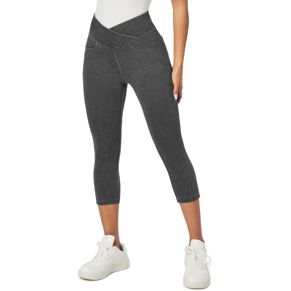 imageIUGA Capri Jeans for Women Pull On Jeggings for Women Tummy Control Jean Capris Pants Stretchy Denim Pants with PocketsGray