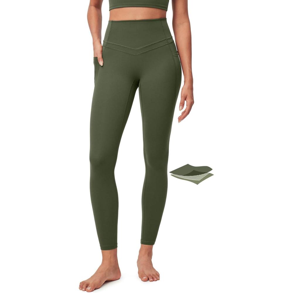 imageIUGA Compression Leggings with Pockets for Women Tummy Control Leggings No Front Seam Workout High Waist Yoga PantsGrass Grey Green