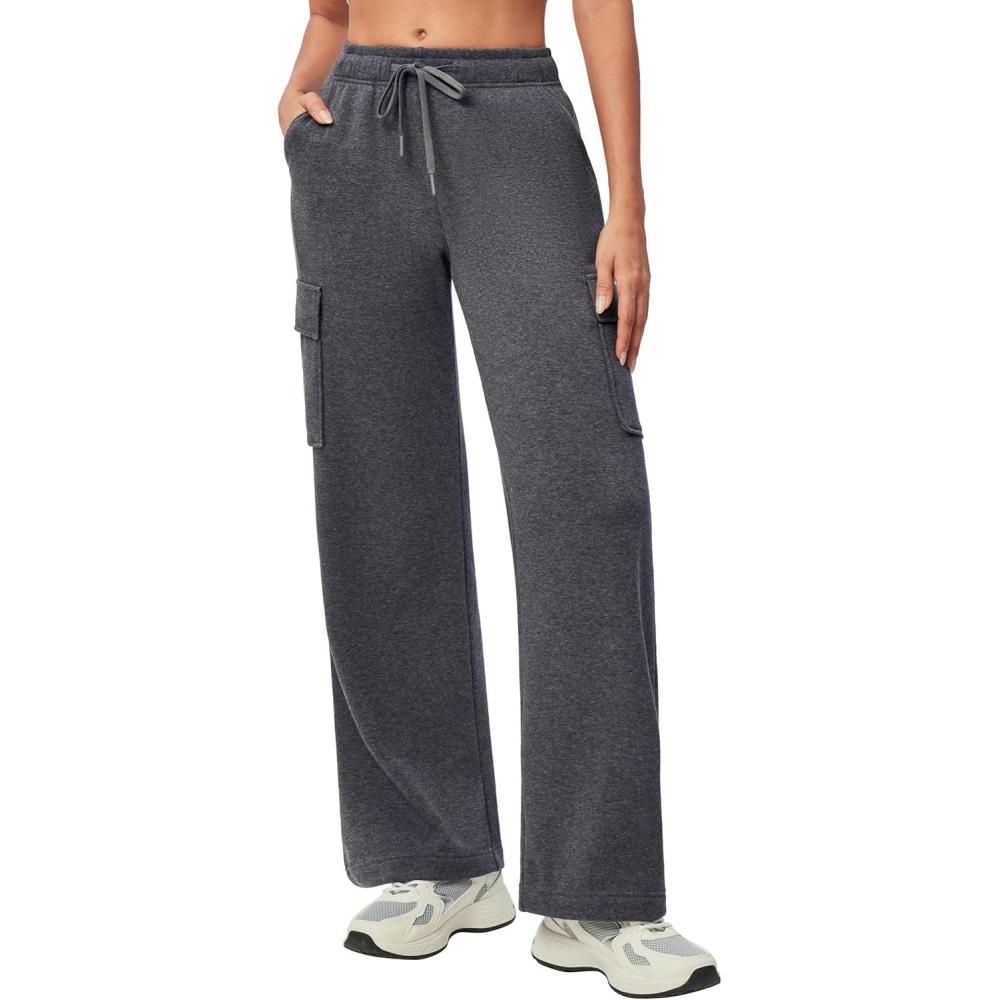 imageIUGA Fleece Cargo Sweatpants for Women Wide Leg Cargo Pants High Waisted Sweats Pants with Pockets Baggy Joggers PantsDark Heather Grey
