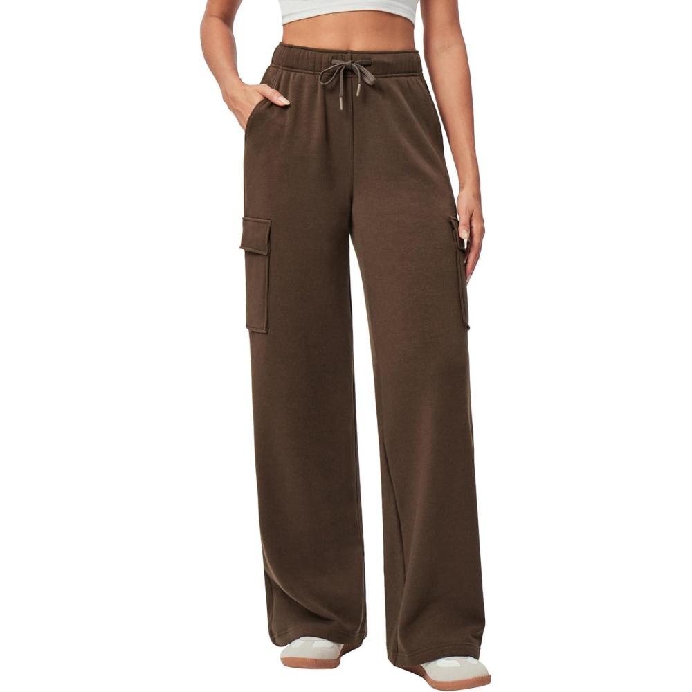 imageIUGA Fleece Cargo Sweatpants for Women Wide Leg Cargo Pants High Waisted Sweats Pants with Pockets Baggy Joggers PantsMocha Brown