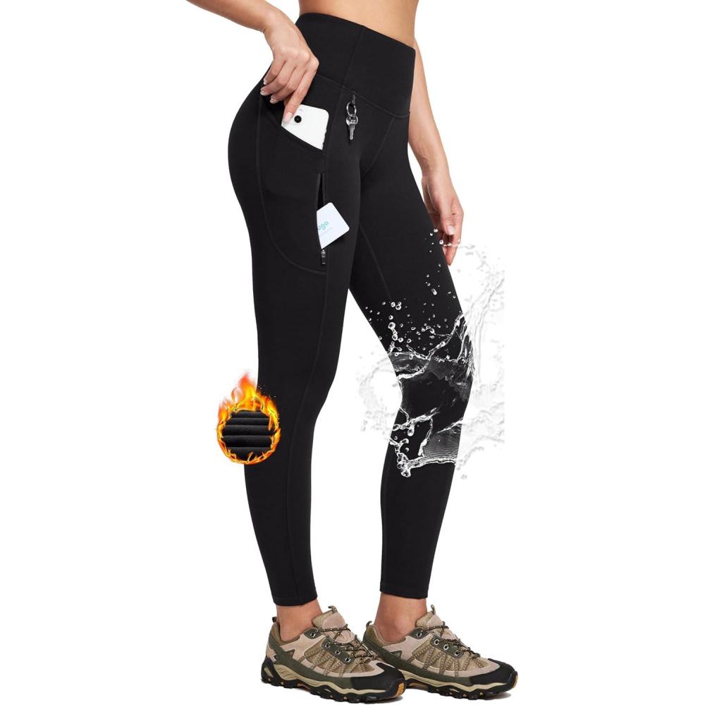 imageIUGA Fleece Lined Leggings Women Water Resistant Thermal Leggings Winter Warm Tights High Waist Hiking Pants with PocketsCoal Black