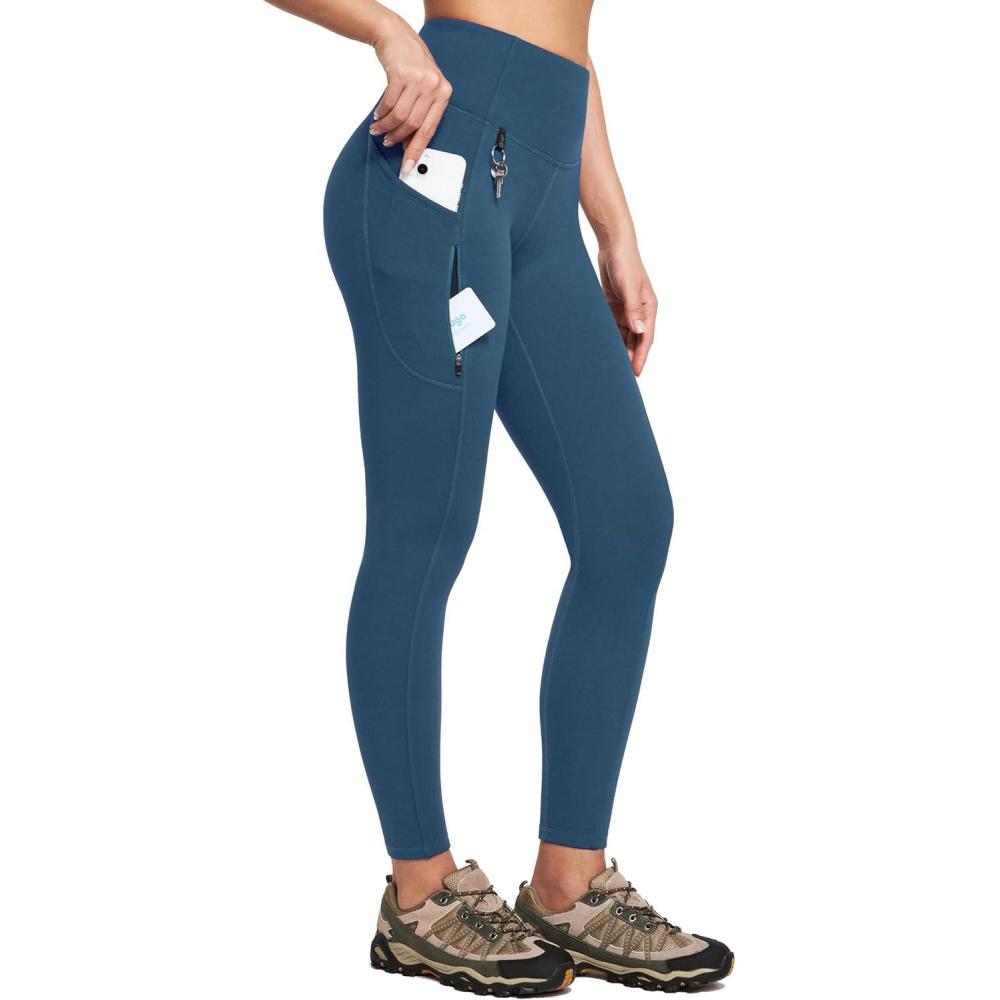 imageIUGA Fleece Lined Leggings Women Water Resistant Thermal Leggings Winter Warm Tights High Waist Hiking Pants with PocketsStormy Azure