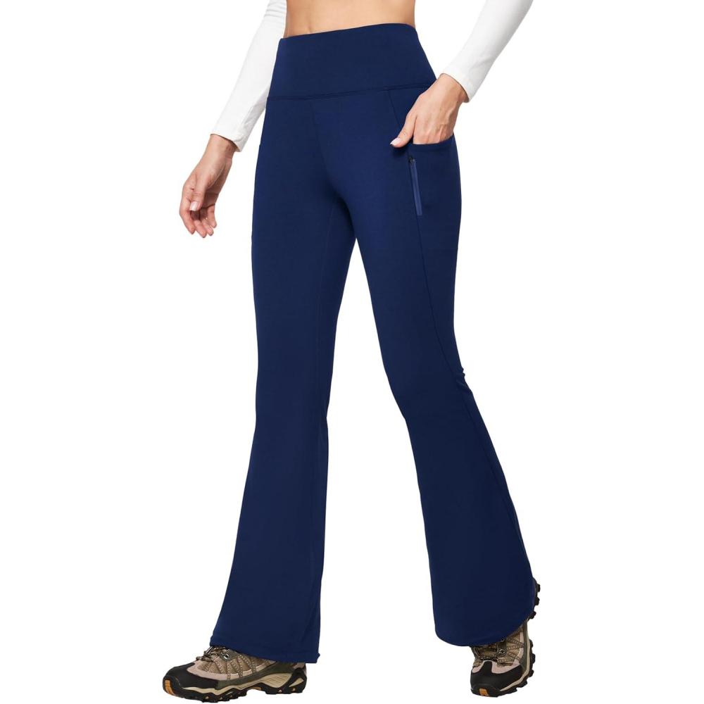 imageIUGA Fleece Lined Pants Women Water Resistant Hiking Pants Winter Flare Leggings with Pockets Bootcut ThermalNavy
