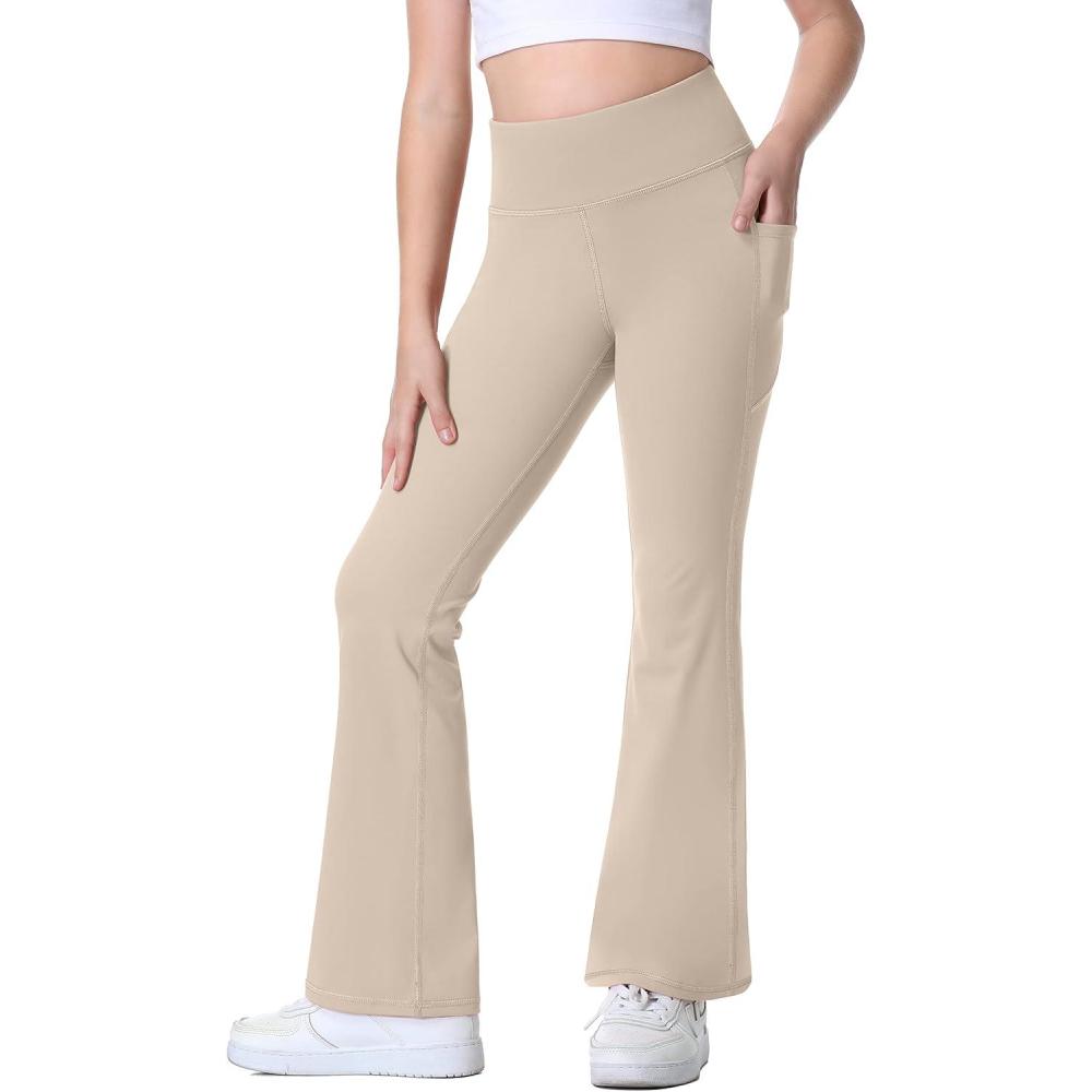 imageIUGA Girls Flare Leggings High Waist Cute Preppy Clothes for Girls Uniform Pants with Pockets Bell Bottom PantsKhaki
