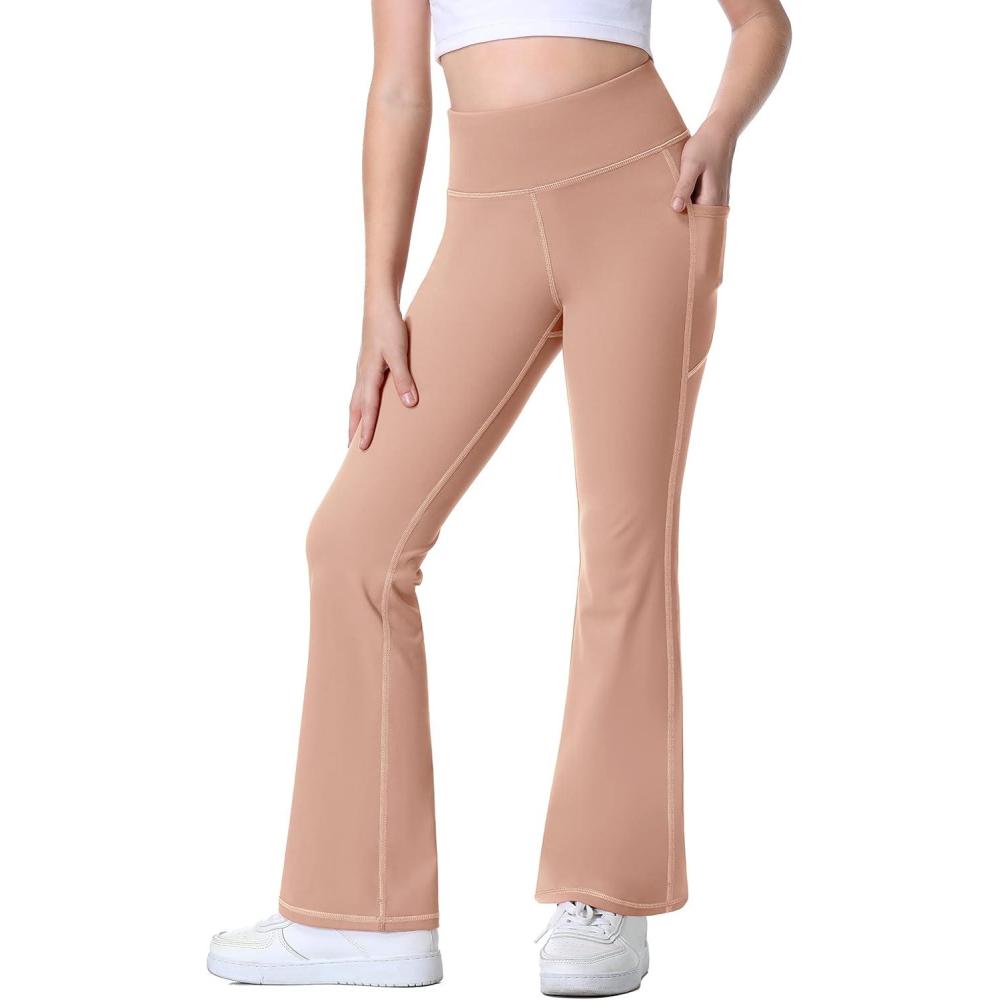 imageIUGA Girls Flare Leggings High Waist Cute Preppy Clothes for Girls Uniform Pants with Pockets Bell Bottom PantsRose Dust