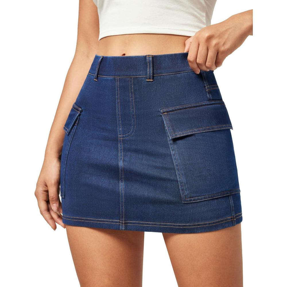 imageIUGA Jean Skirts for Women Denim High Stretch Cargo Skirt with Shorts Denim Skort Mini Jean Skort Y2k Skirt with PocketsDark Blue