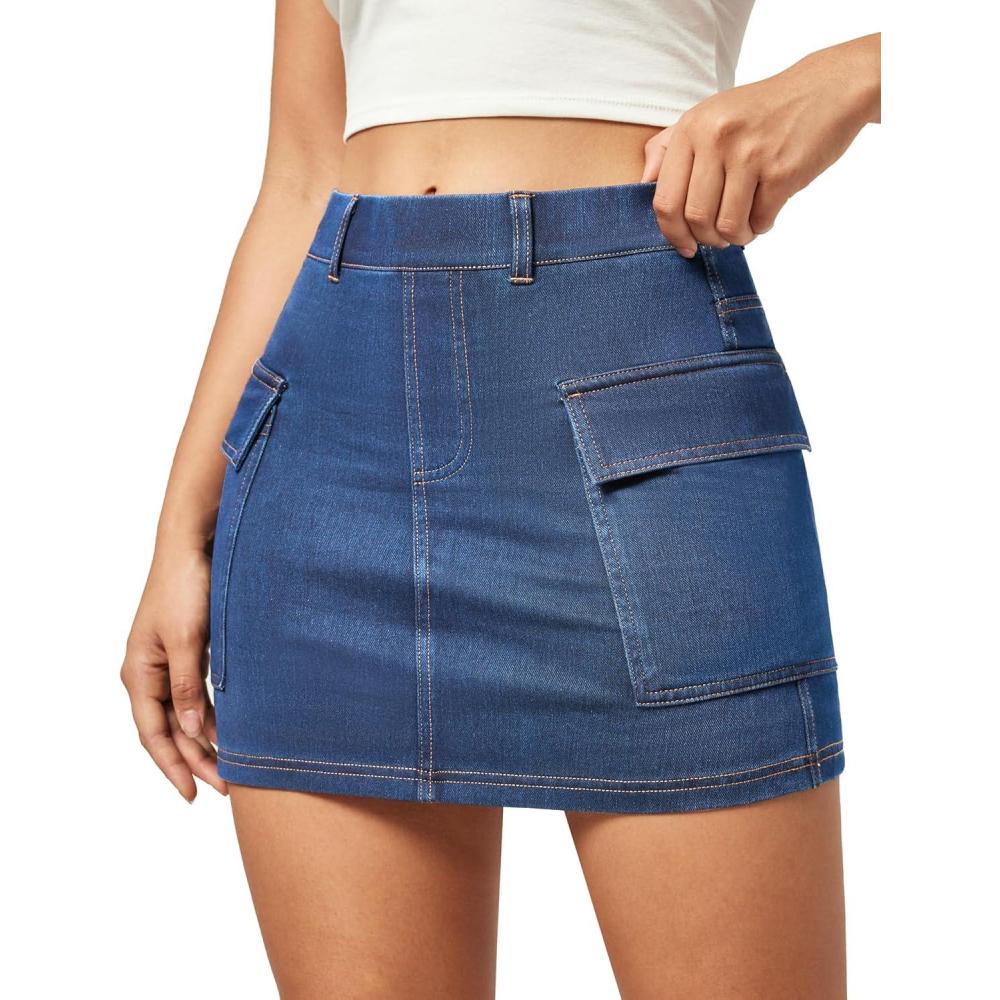 imageIUGA Jean Skirts for Women Denim High Stretch Cargo Skirt with Shorts Denim Skort Mini Jean Skort Y2k Skirt with PocketsLight Blue