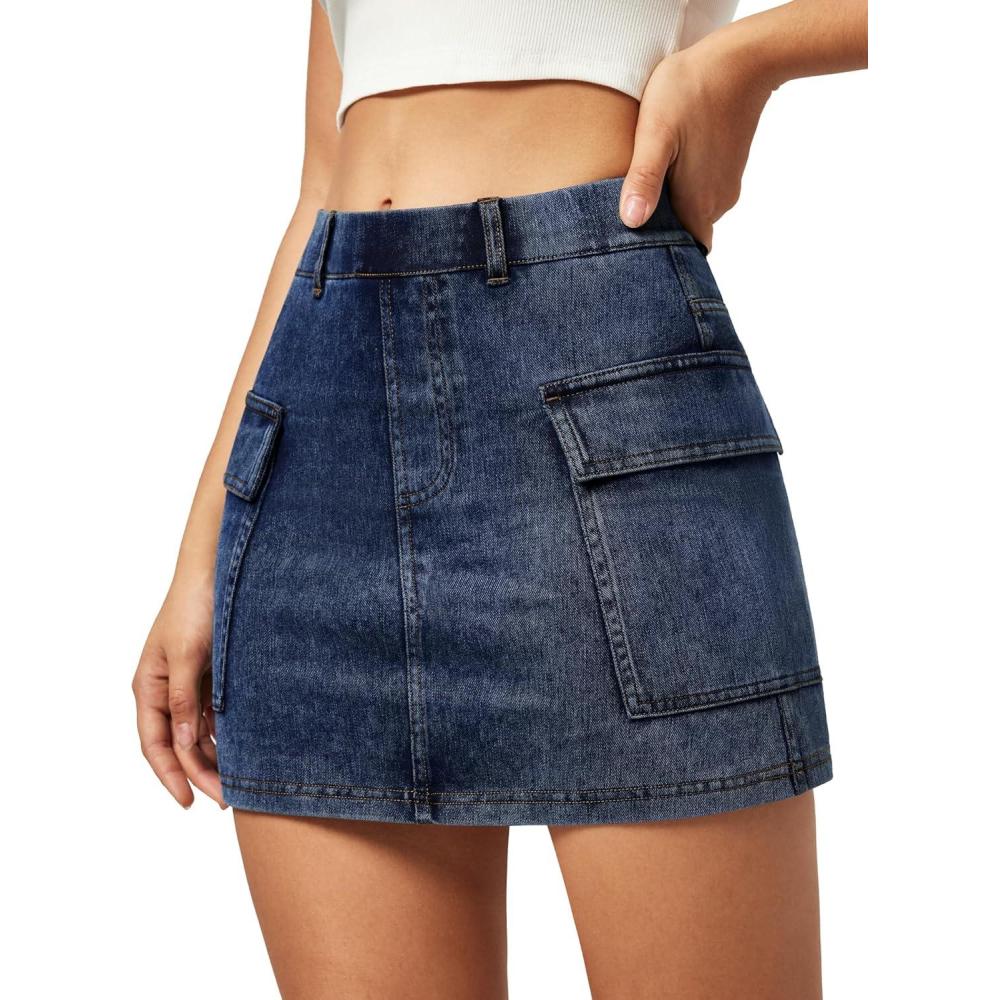 imageIUGA Jean Skirts for Women Denim High Stretch Cargo Skirt with Shorts Denim Skort Mini Jean Skort Y2k Skirt with PocketsWash Blue