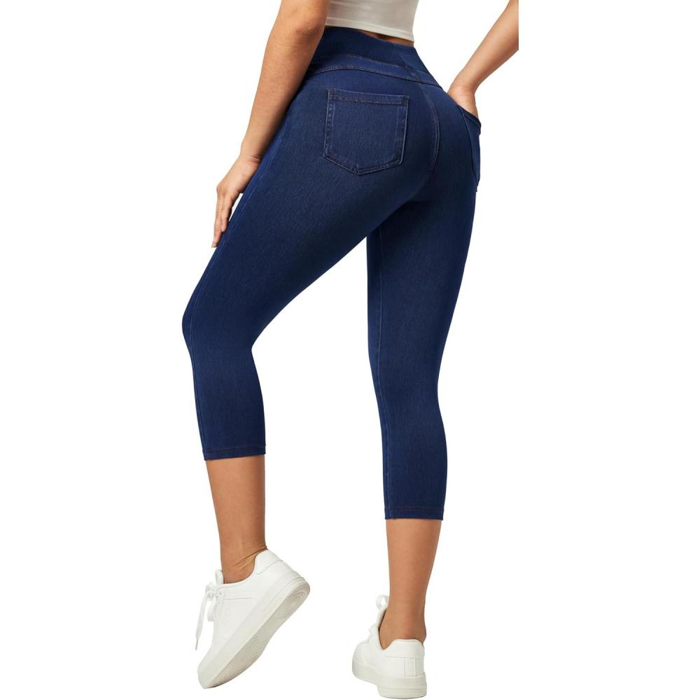 imageIUGA Jeggings for Women Pull On Capri Jeans Stretchy Jean Capris High Waisted Denim Capri Leggings Casual Pants with PocketsDark Blue