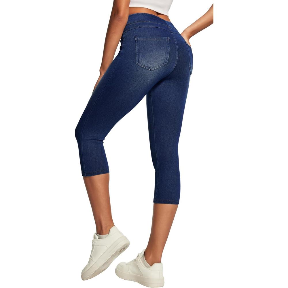 imageIUGA Jeggings for Women Pull On Capri Jeans Stretchy Jean Capris High Waisted Denim Capri Leggings Casual Pants with PocketsDark Blue Monkey Wash