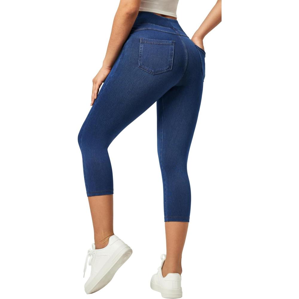 imageIUGA Jeggings for Women Pull On Capri Jeans Stretchy Jean Capris High Waisted Denim Capri Leggings Casual Pants with PocketsStormy Blue