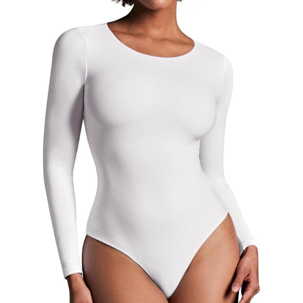 imageIUGA Long Sleeve Bodysuits for Women Crew Neck Body suit Womens Slimming Basic Tummy Control Bodysuit TopsWhite