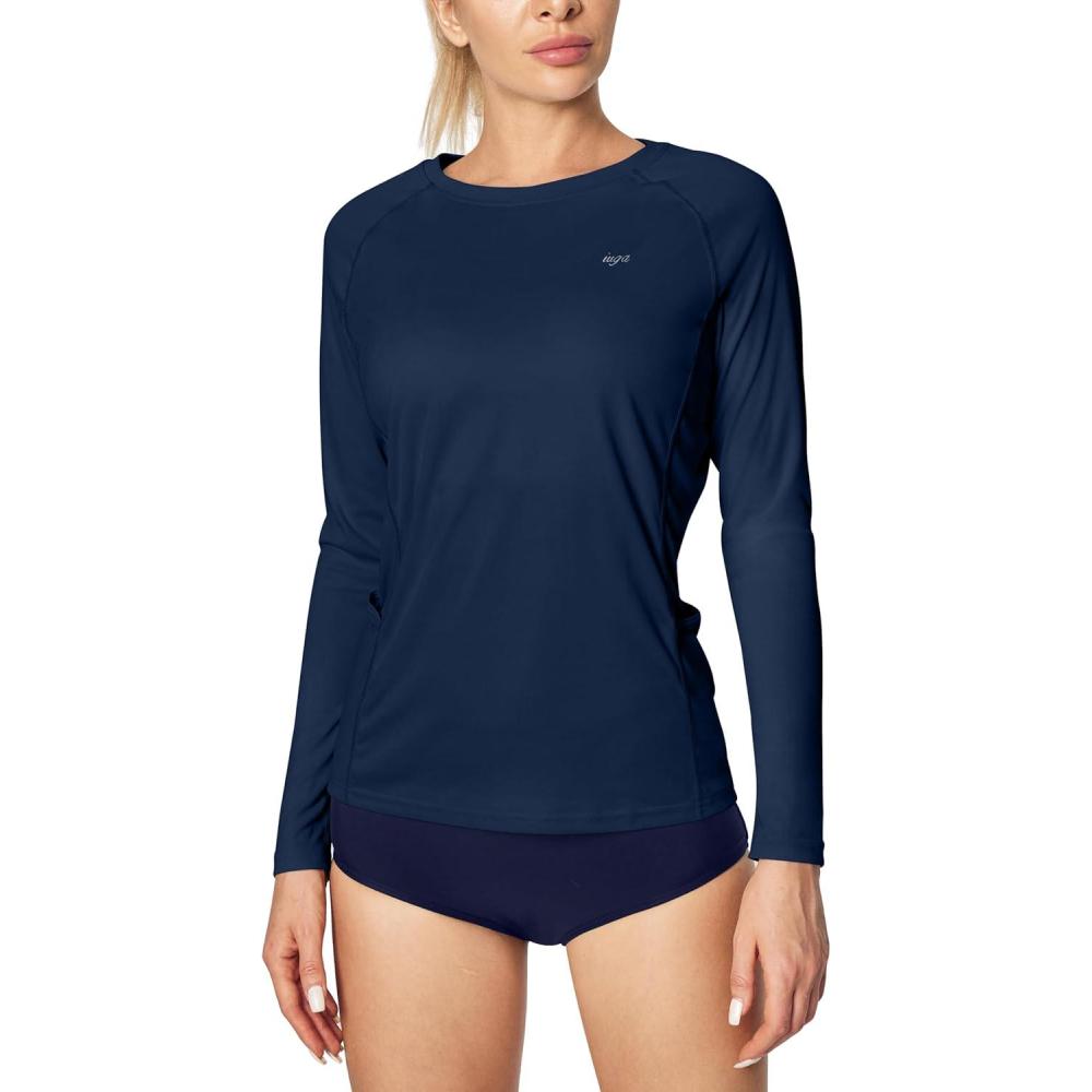 imageIUGA Rash Guard for Women UPF 50 SPF UV Protection Long Sleeve Workout Tops with Pockets Dry Fit Hiking Swim ShirtMidnight Blue
