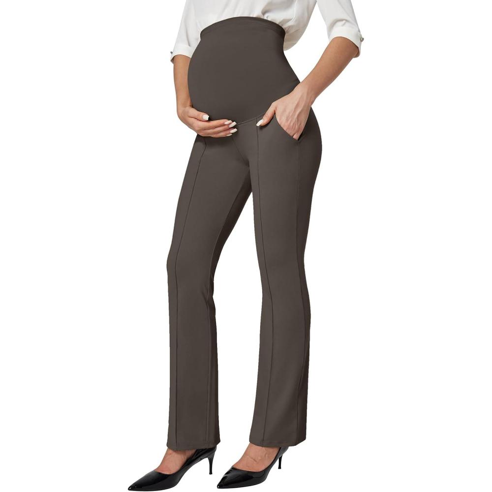 imageIUGA Soft Maternity Pants with Pockets Maternity Leggings for Work Pregnancy Stretchy Maternity Clothes Over The BellyCoffee