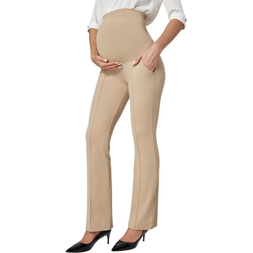 imageIUGA Soft Maternity Pants with Pockets Maternity Leggings for Work Pregnancy Stretchy Maternity Clothes Over The BellyKhaki