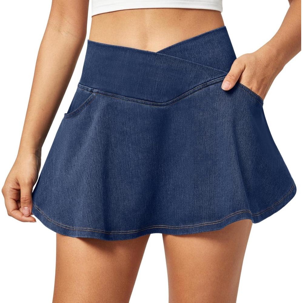 imageIUGA Stretchy Denim Skort VWaist Jean Skort with Pockets High Waisted Mini Jean Skirt with Shorts UnderneathDeep Blue