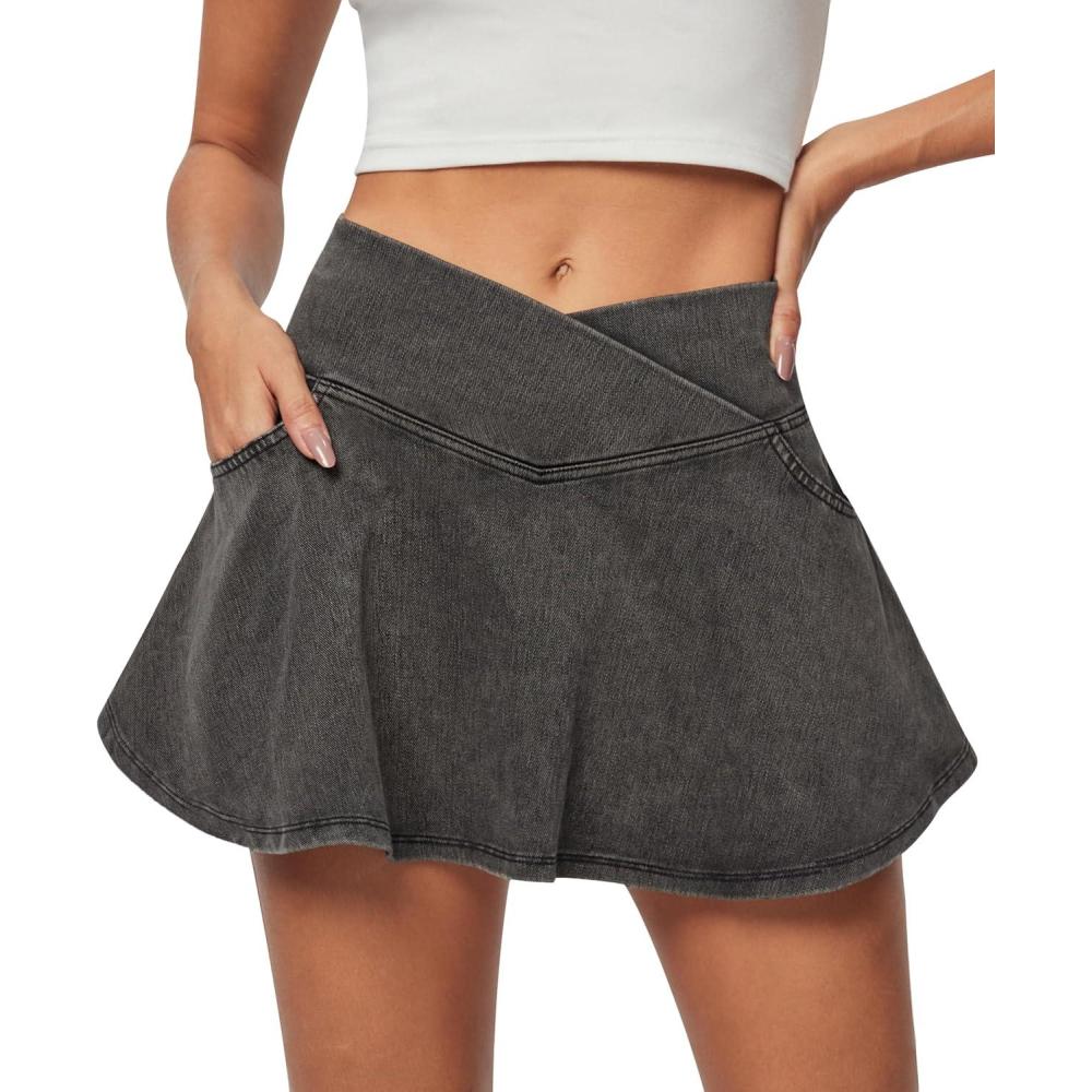 imageIUGA Stretchy Denim Skort VWaist Jean Skort with Pockets High Waisted Mini Jean Skirt with Shorts UnderneathGrey