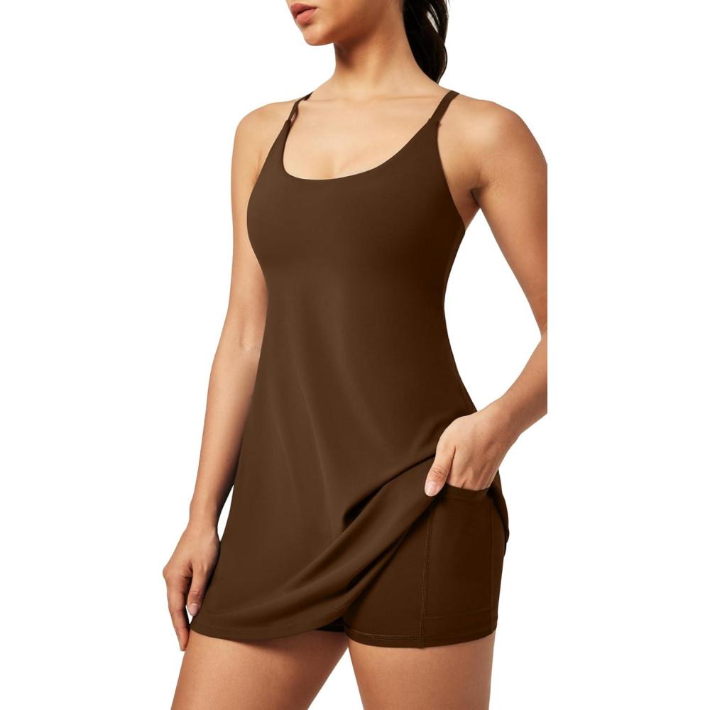 imageIUGA Tennis Dress for Women Athletic Golf Workout Dress with Builtin Shorts and Bra Adjustable Straps ampamp PocketsClay Brown