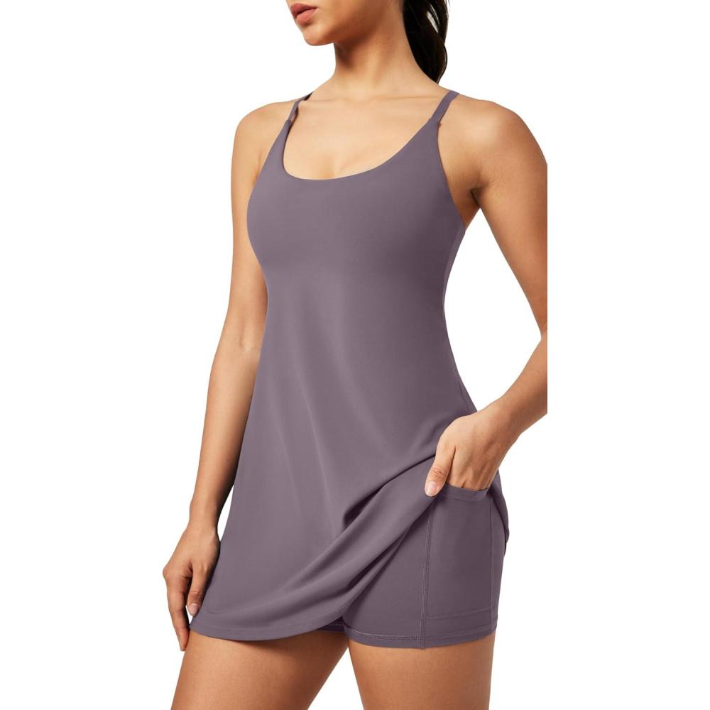 imageIUGA Tennis Dress for Women Athletic Golf Workout Dress with Builtin Shorts and Bra Adjustable Straps ampamp PocketsMauve