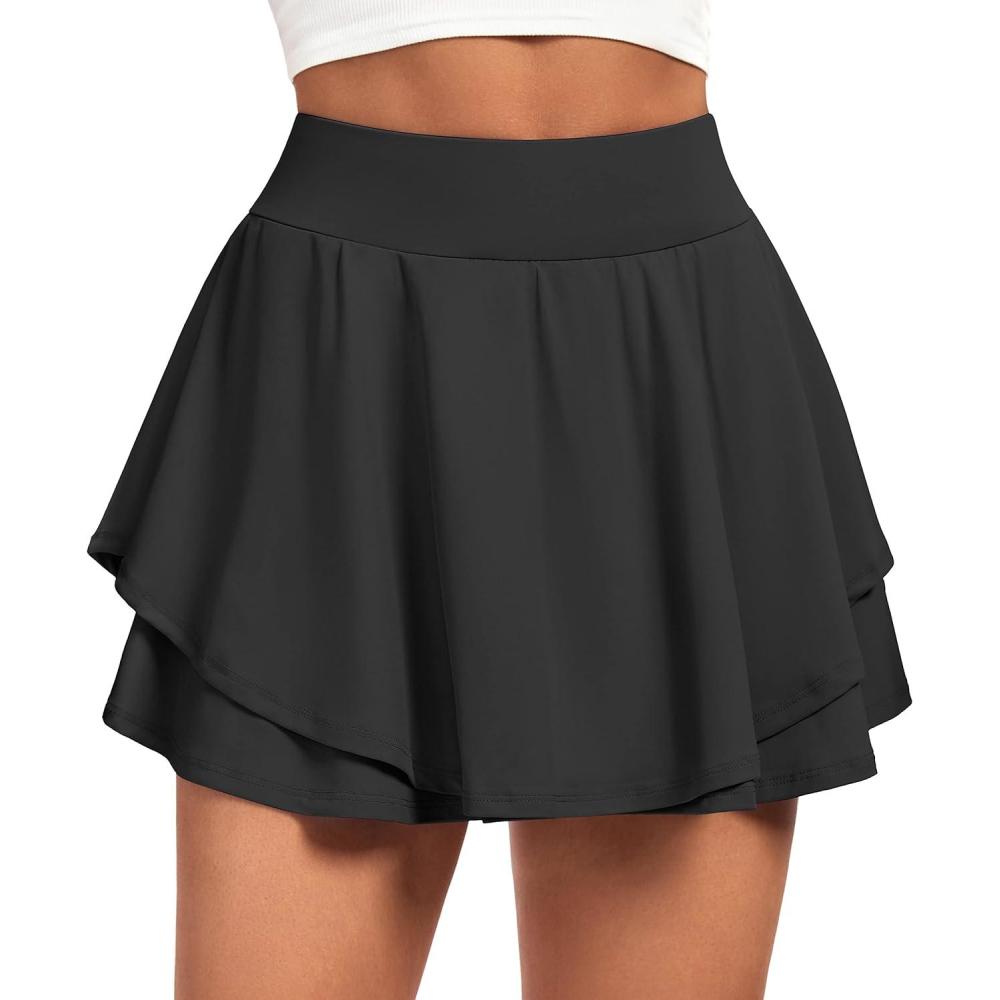 imageIUGA Tennis Skirt Pleated Skorts for Woman Double Ruffle Golf Skirts for Women Skort with Pockets Tummy Control AthleticBlack