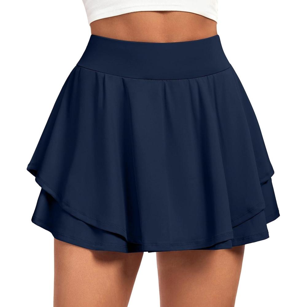 imageIUGA Tennis Skirt Pleated Skorts for Woman Double Ruffle Golf Skirts for Women Skort with Pockets Tummy Control AthleticNavy