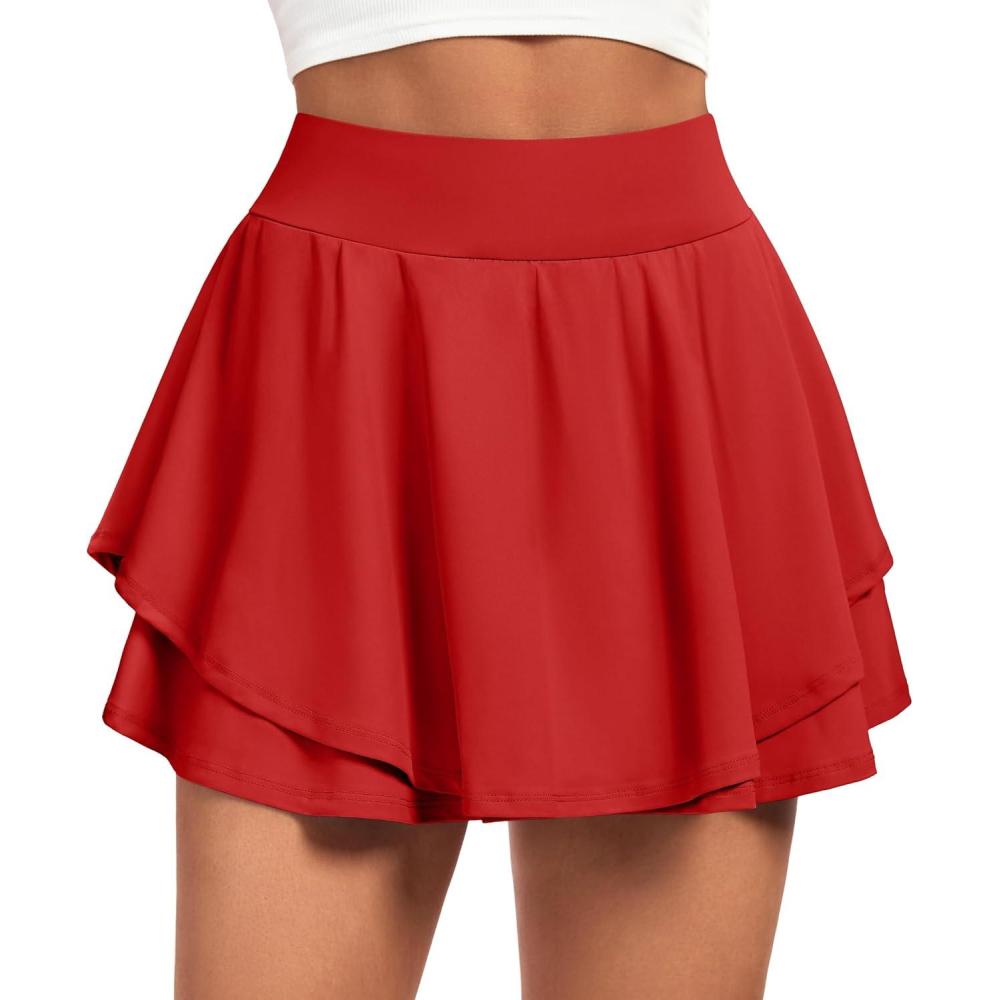 imageIUGA Tennis Skirt Pleated Skorts for Woman Double Ruffle Golf Skirts for Women Skort with Pockets Tummy Control AthleticRed