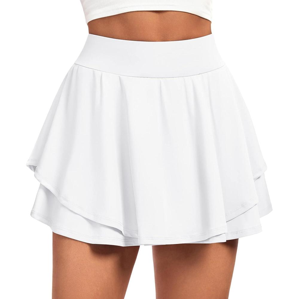 imageIUGA Tennis Skirt Pleated Skorts for Woman Double Ruffle Golf Skirts for Women Skort with Pockets Tummy Control AthleticWhite