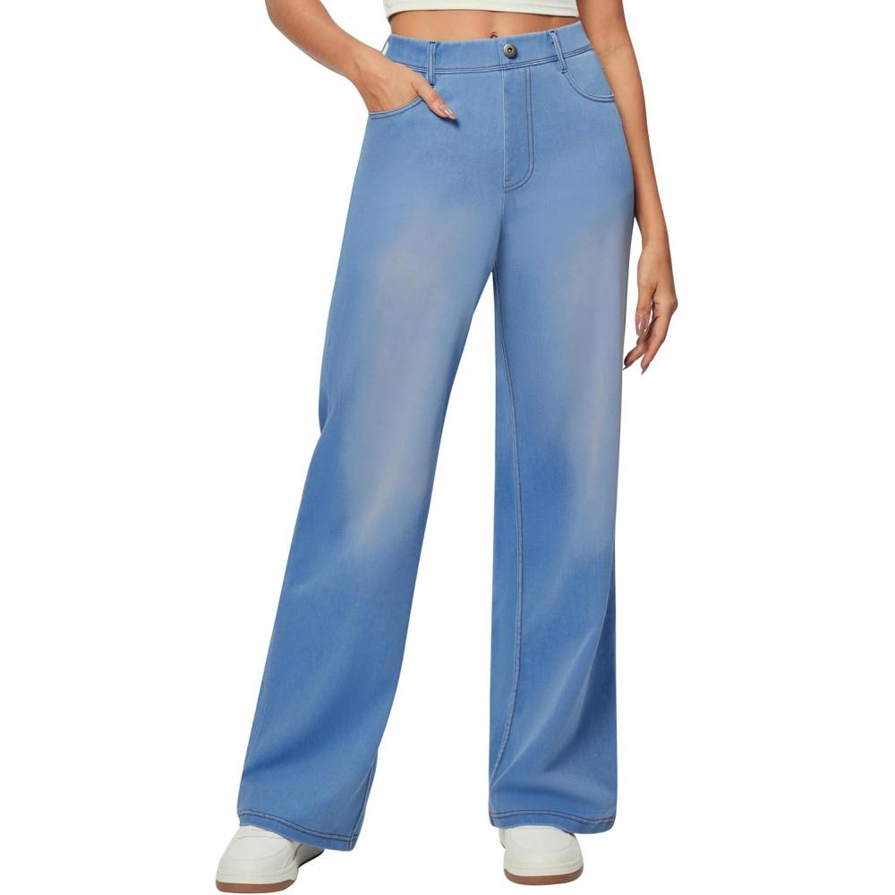 imageIUGA Wide Leg Jeans Woman Stretchy Pull On Baggy Jeans High Waisted Trendy Womens Jeans Straight Casual Denim PantsSky Blue 31 Inseam