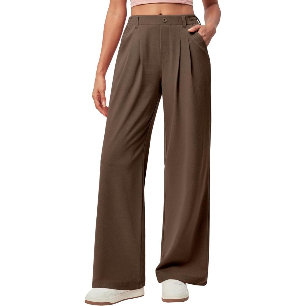 imageIUGA Wide Leg Pants Woman Pull on Stretchy Work Dress Pants High Waisted Business Casual Trousers SlacksCoffee