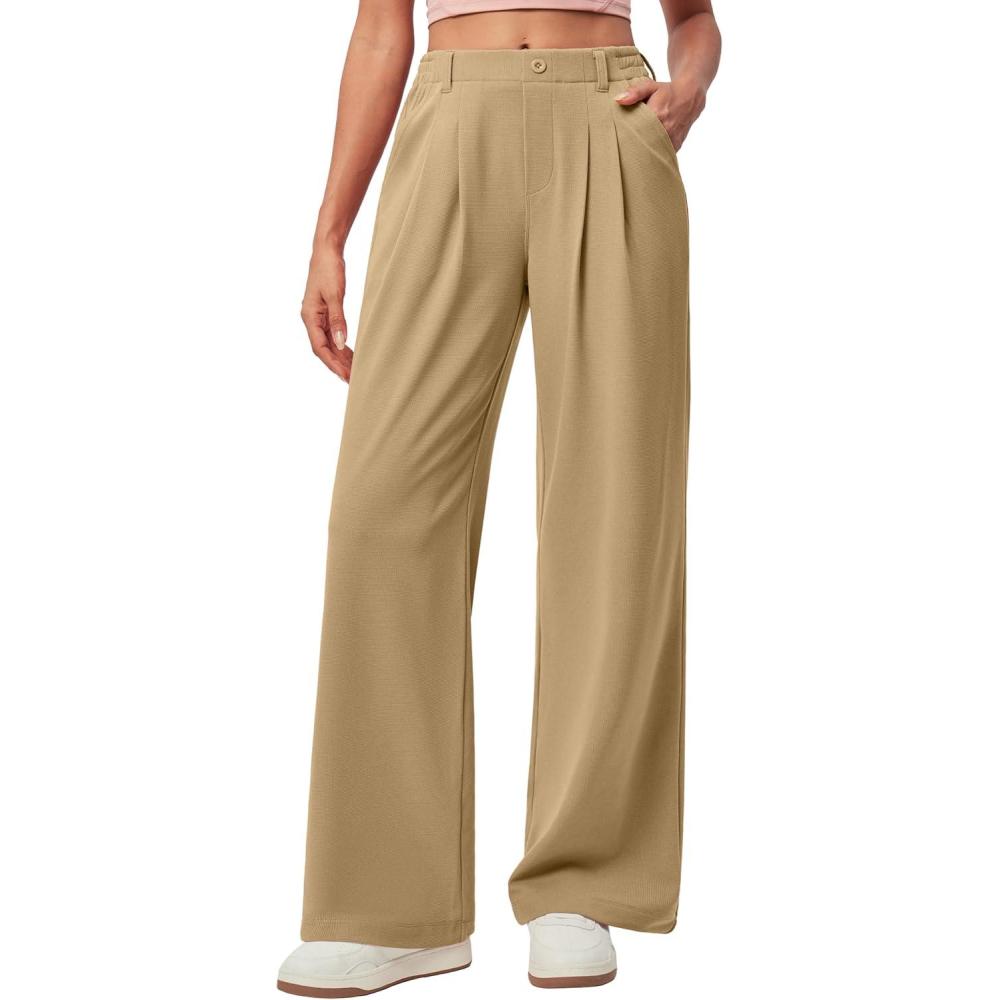 imageIUGA Wide Leg Pants Woman Pull on Stretchy Work Dress Pants High Waisted Business Casual Trousers SlacksLatte