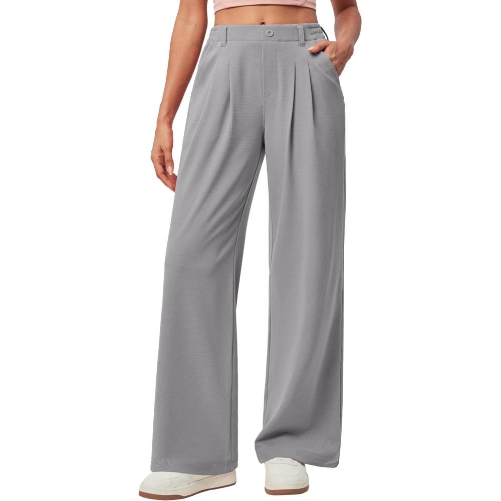 imageIUGA Wide Leg Pants Woman Pull on Stretchy Work Dress Pants High Waisted Business Casual Trousers SlacksLight Grey