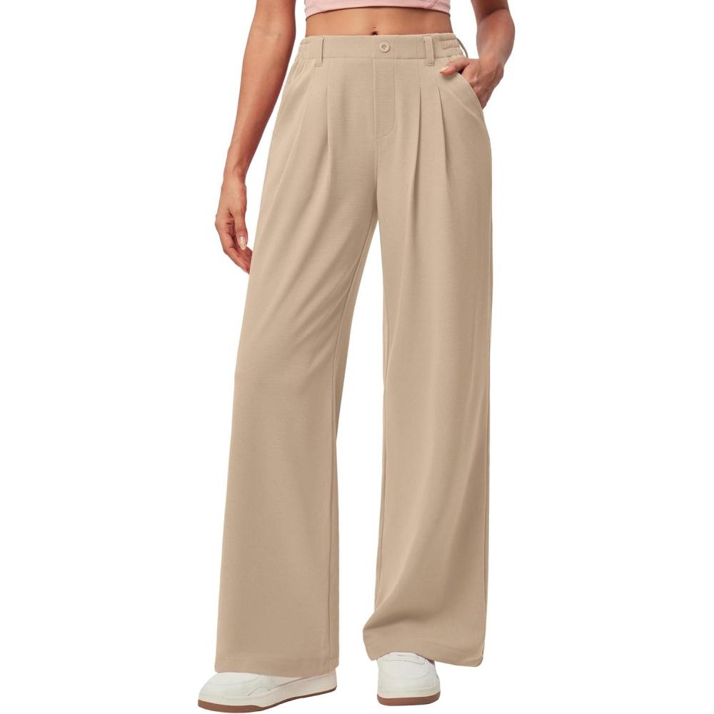 imageIUGA Wide Leg Pants Woman Pull on Stretchy Work Dress Pants High Waisted Business Casual Trousers SlacksLight Khaki