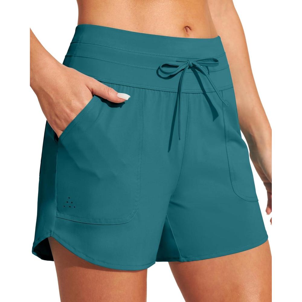imageIUGA Womens 5quot Swim Board Shorts Stretchy High Waisted Beach Shorts for Women Quick Dry UPF 50 Swimsuit Bottoms with LinerDark Forest