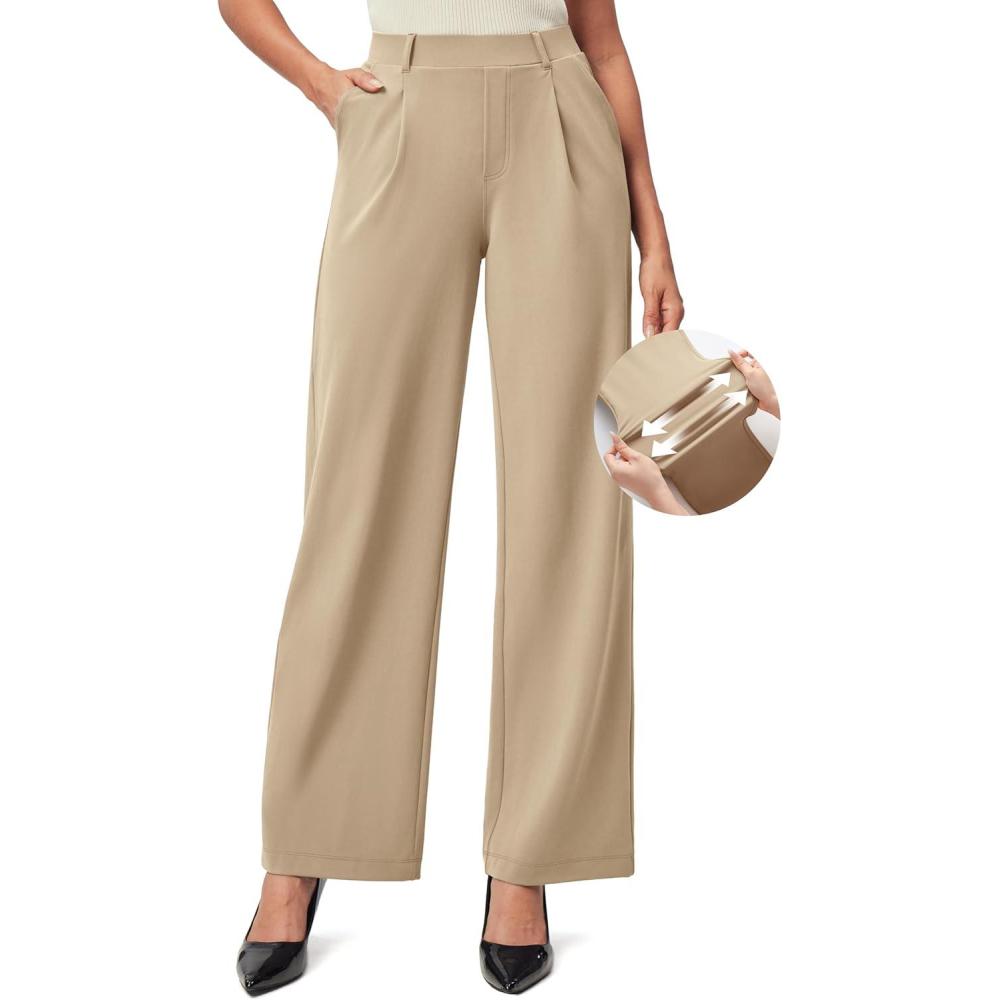 imageIUGA Womens Dress Pants Wide Leg Pull On Stretchy Work Pants Women High Waisted Business Casual Trousers with PocketsKhaki Regular