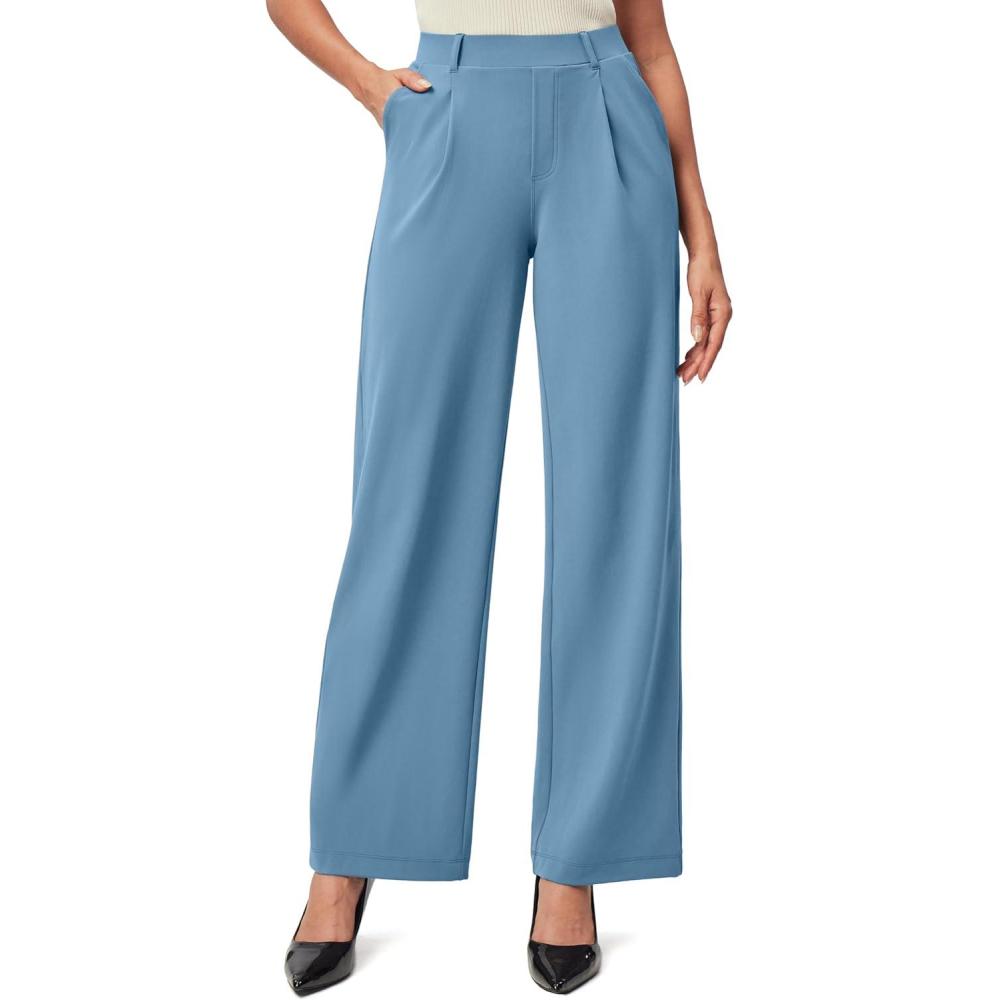 imageIUGA Womens Dress Pants Wide Leg Pull On Stretchy Work Pants Women High Waisted Business Casual Trousers with PocketsLight Azure Regular