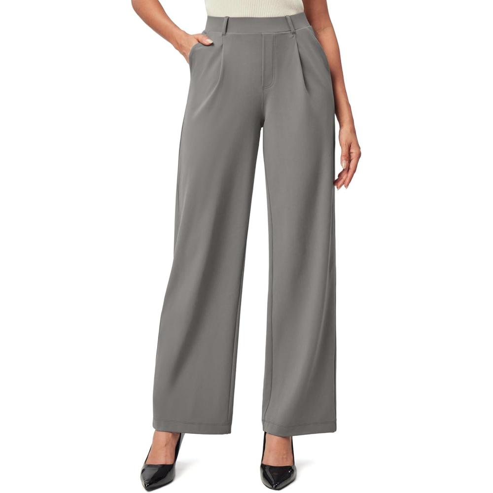 imageIUGA Womens Dress Pants Wide Leg Pull On Stretchy Work Pants Women High Waisted Business Casual Trousers with PocketsMoonlight Gray Regular