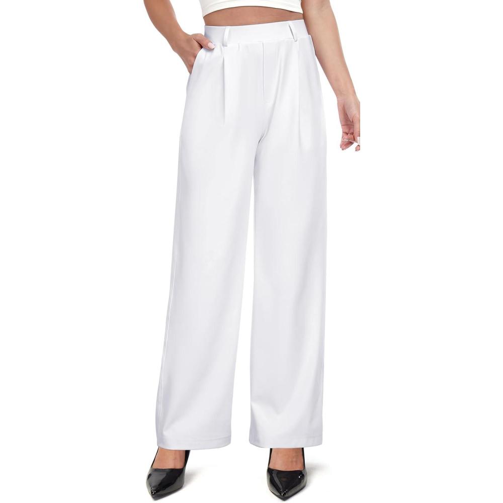 imageIUGA Womens Dress Pants Wide Leg Pull On Stretchy Work Pants Women High Waisted Business Casual Trousers with PocketsSnow Regular