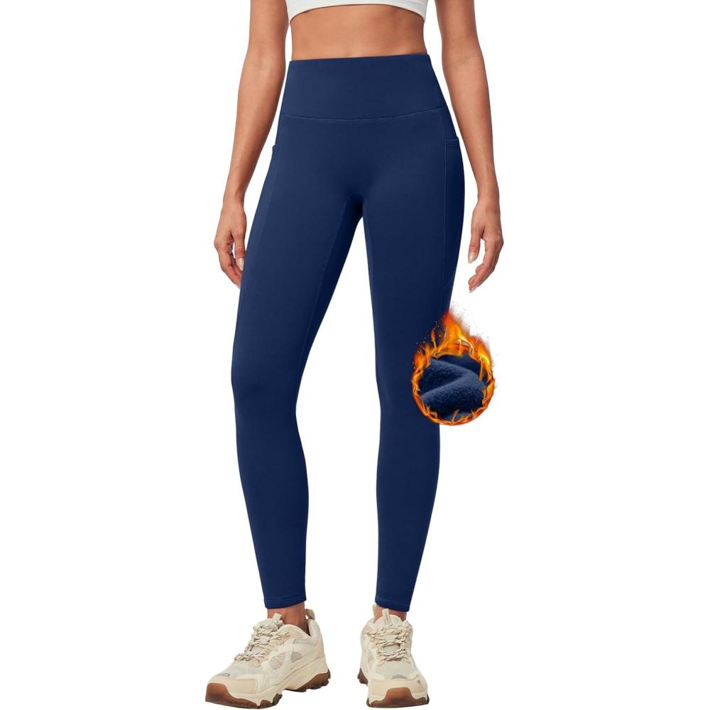 imageIUGA Womens Fleece Lined Leggings with Pockets Winter Warm Thermal Leggings for Women High Waisted Yoga PantsDark Blue