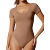 IUGA Bodysuits for Women Tummy Control Body Suits for Womens Compression Slimming Thong Bodysuit V Neck(Latte)