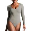 IUGA Bodysuits for Women Tummy Control Body Suits for Womens Compression Slimming Thong Bodysuit V Neck(Elephant Gray)