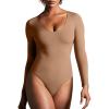 IUGA Bodysuits for Women Tummy Control Body Suits for Womens Compression Slimming Thong Bodysuit V Neck(Latte)