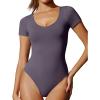 IUGA Bodysuits for Women Tummy Control Body Suits for Womens Compression Slimming Thong Bodysuit V Neck(Pastel Violet)