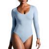 IUGA Bodysuits for Women Tummy Control Body Suits for Womens Compression Slimming Thong Bodysuit V Neck(Soft Blue)