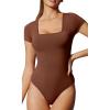IUGA Bodysuits for Women Tummy Control Short Sleeve Square Neck Bodysuit Women’s Slimming Basic Body Suit Tops(Brownie)