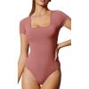 IUGA Bodysuits for Women Tummy Control Short Sleeve Square Neck Bodysuit Women’s Slimming Basic Body Suit Tops(Merlot)