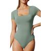 IUGA Bodysuits for Women Tummy Control Short Sleeve Square Neck Bodysuit Women’s Slimming Basic Body Suit Tops(Sage)